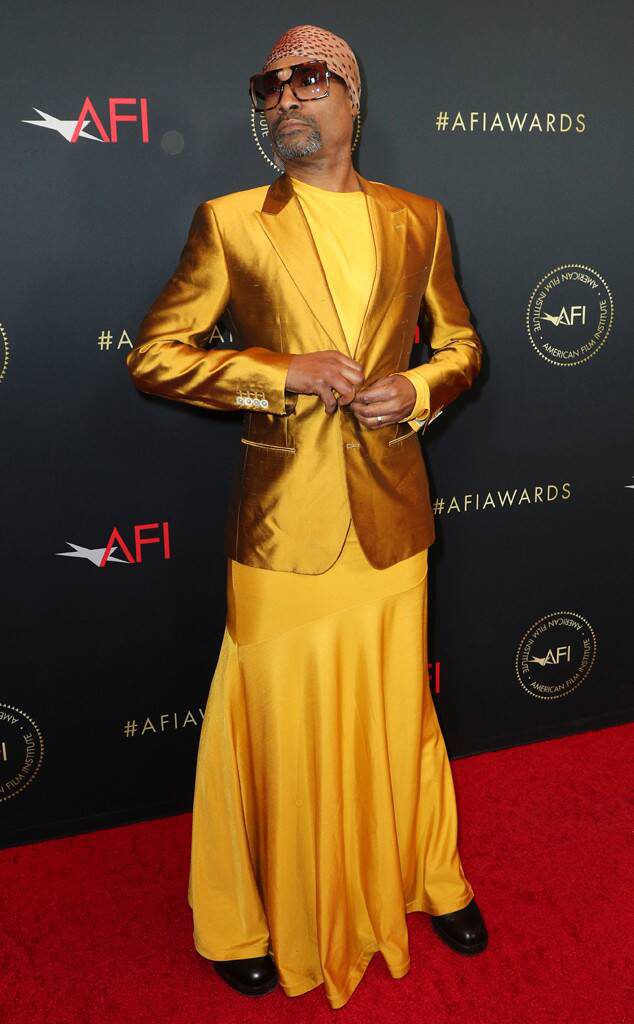 Billy Porter wearing yellow blazer and skirt to the aft awards 2019