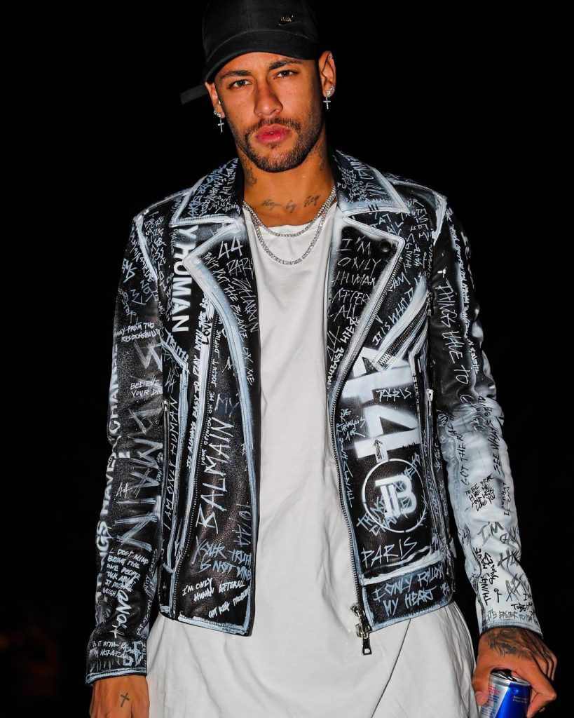 Neymar wearing a Balmain leather jacket