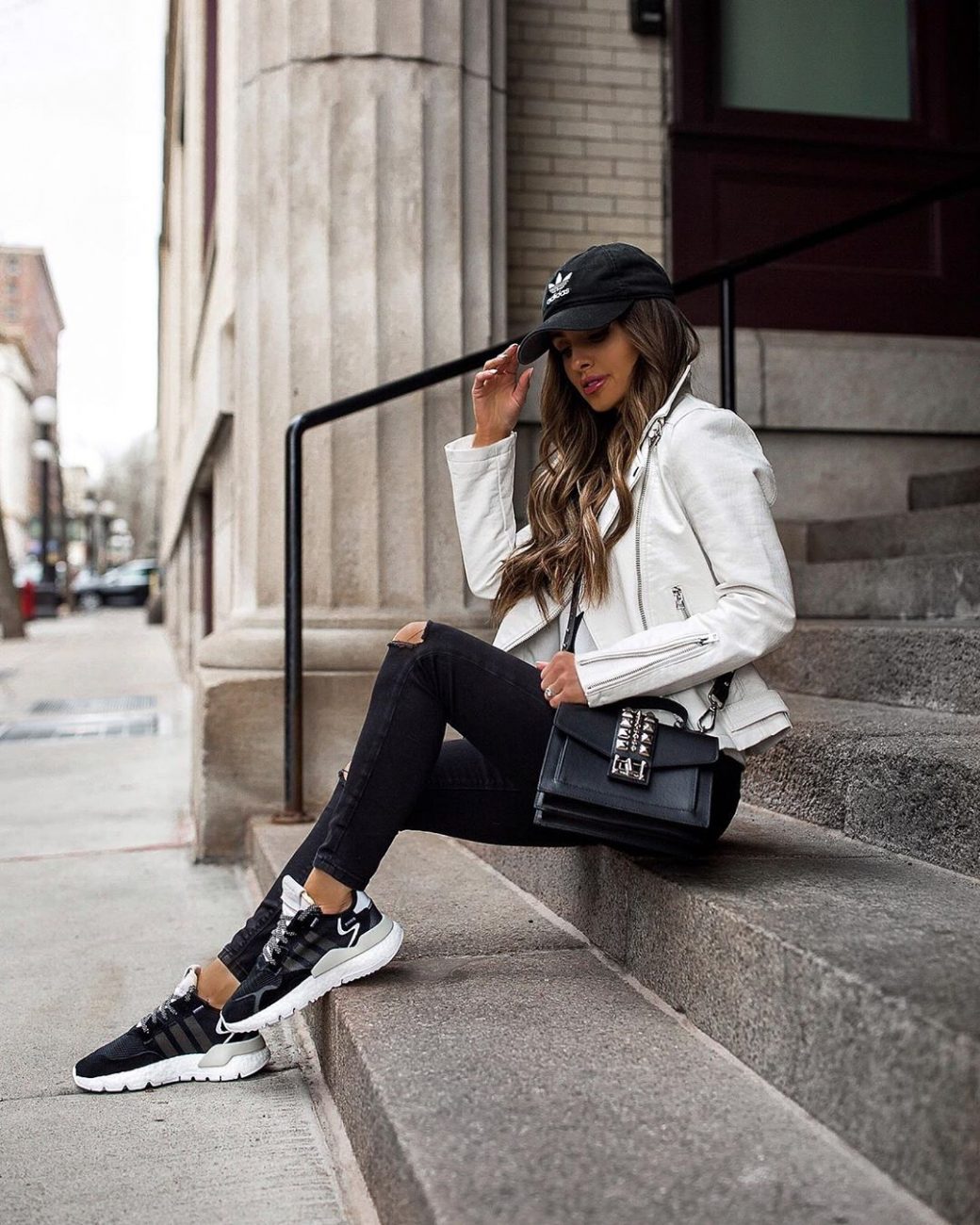 white moto jacket outfit